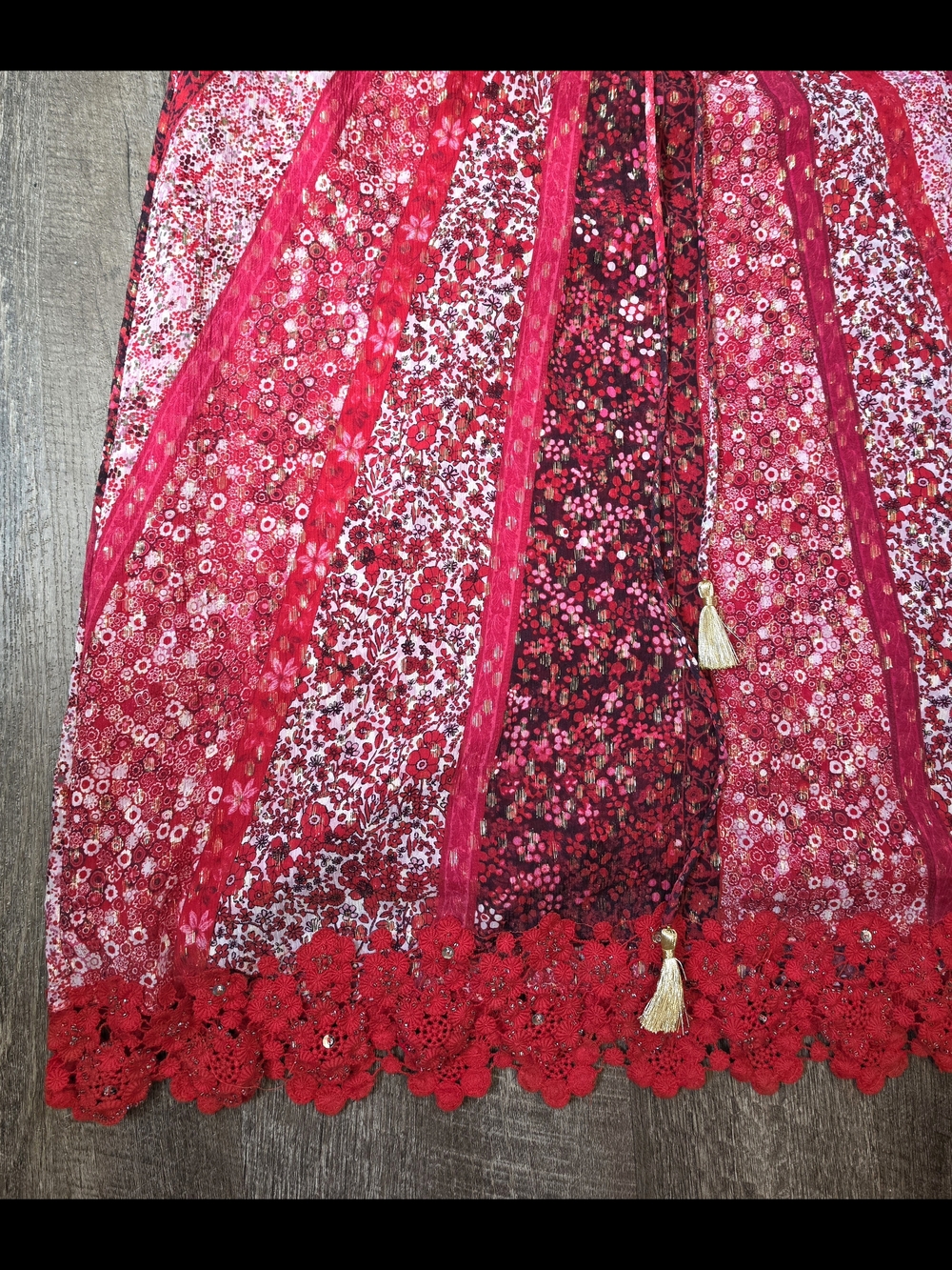 Elie Tahari Redwood McKenna Silk  Midi Dress Womens 8 Red Floral Boho Tassels - Picture 10 of 15